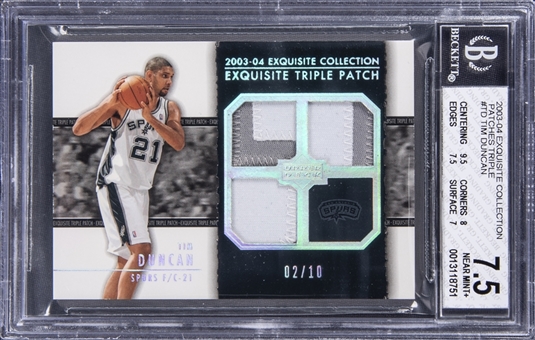 2003-04 UD "Exquisite Collection" Triple Patch #TD Tim Duncan Triple Patch Card (#02/10) - BGS NM+ 7.5